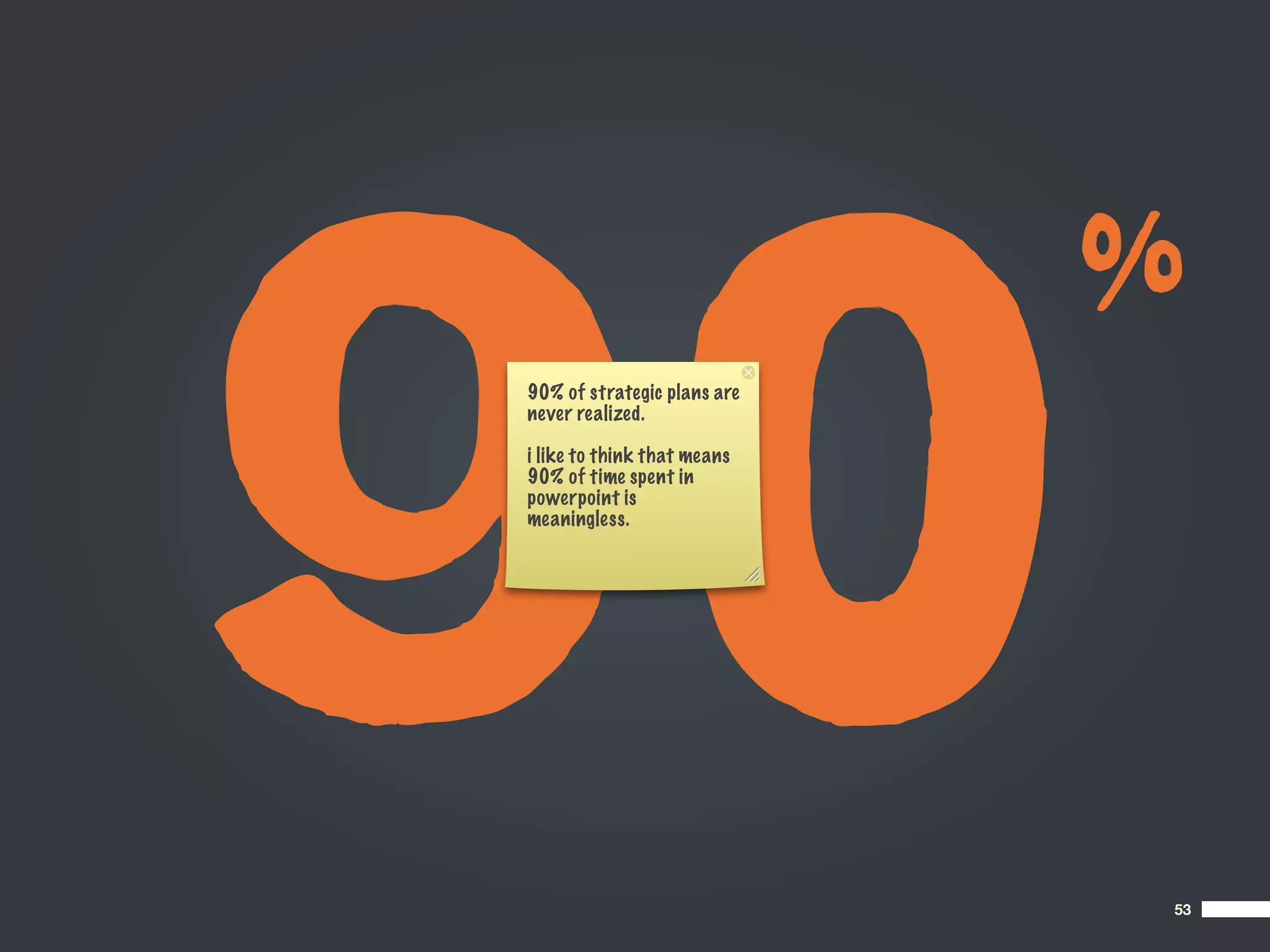 90
                             %
90% of strategic plans are
never realized.

i like to think that means
90% of time spent in
powerpoint is
meaningless.




                             53
 