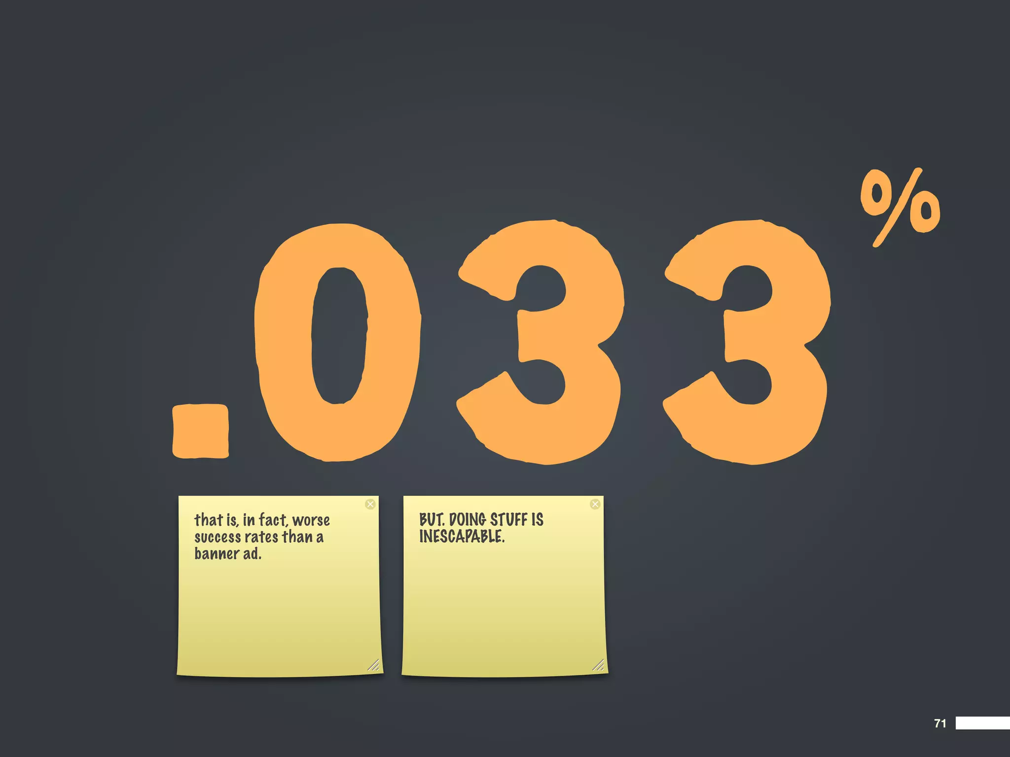 %

.033
that is, in fact, worse
success rates than a
banner ad.
                          BUT. DOING STUFF IS
                          INESCAPABLE.




                                                71
 