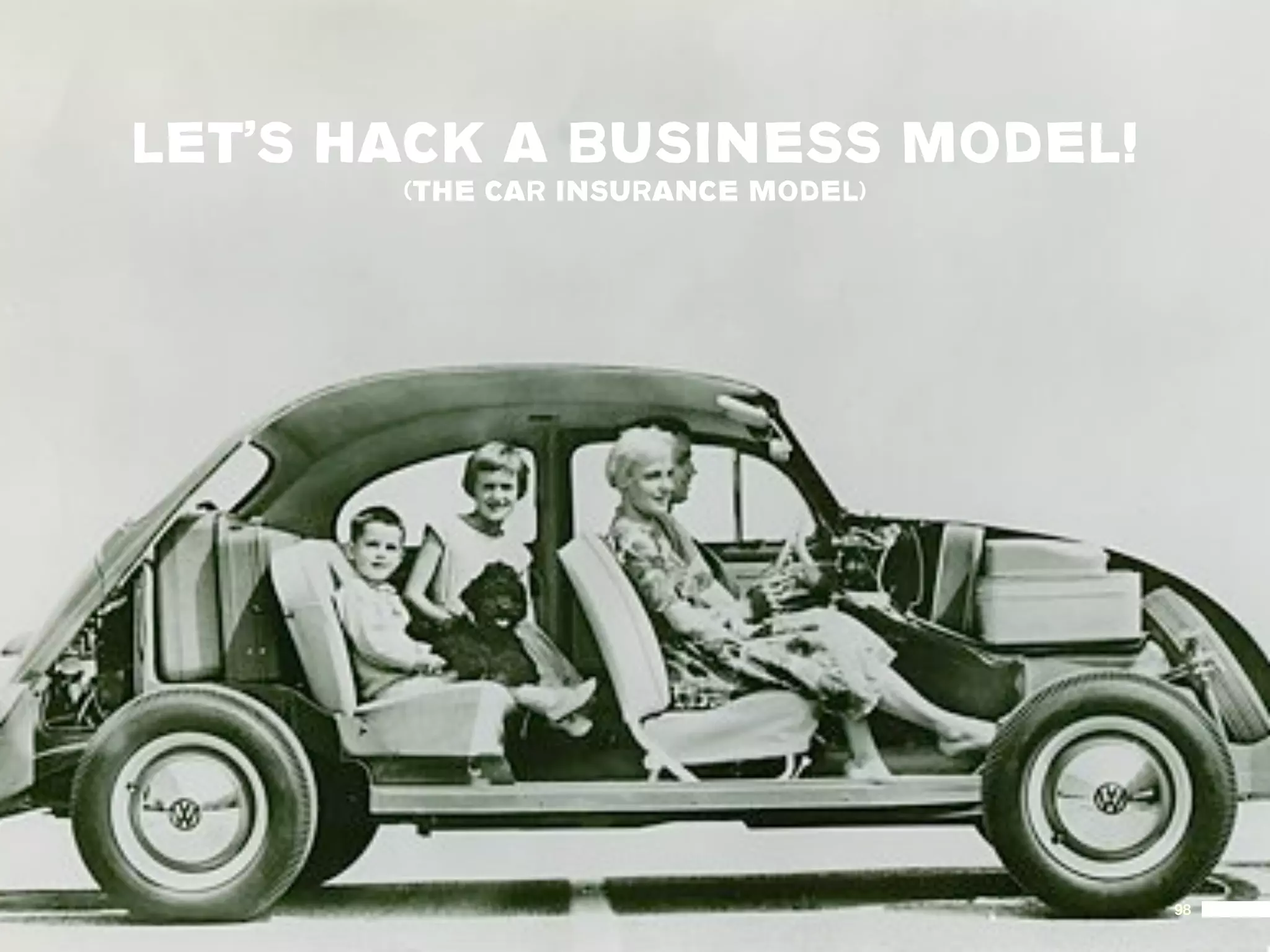 LET’S HACK A BUSINESS MODEL!
       (THE CAR INSURANCE MODEL)




                                   98
 