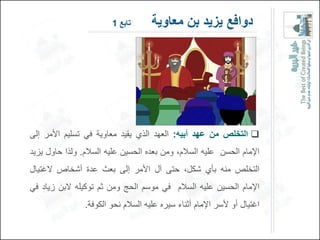 ‫تابع 1‬       ‫دوافع ٌزٌد بن معاوٌة‬




‫‪ ‬التخلص من عهد أبٌه: العهد الذي ٌقٌد معاوٌة فً تسلٌم األمر إلى‬
‫اإلمام الحسن علٌه السالم، ومن بعده الحسٌن علٌه السالم. ولذا حاول ٌزٌد‬
‫التخلص منه بؤي شكل، حتى آل األمر إلى بعث عدة أشخاص الغتٌال‬
‫اإلمام الحسٌن علٌه السالم فً موسم الحج ومن ثم توكٌله البن زٌاد فً‬
                ‫اغتٌال أو ألسر اإلمام أثناء سٌره علٌه السالم نحو الكوفة.‬
 