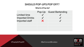 SHOULD POP-UPS POP OFF?
#PopUpOrPopOff
What Is A Pop-Up?
#BarConventBrooklyn
Pop-Up Guest Bartending
Limited time ✔ ✔
Impo...