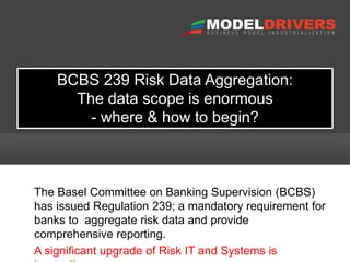 BCBS 239 Risk Data Aggregation: 
The data scope is enormous 
- where & how to begin? 
The Basel Committee on Banking Supervision (BCBS) 
has issued Regulation 239; a mandatory requirement for 
banks to aggregate risk data and provide 
comprehensive reporting. 
A significant upgrade of Risk IT and Systems is 
imperative 
 