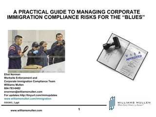 A PRACTICAL GUIDE TO MANAGING CORPORATE IMMIGRATION COMPLIANCE RISKS FOR THE “BLUES”  Eliot Norman Worksite Enforcement and  Corporate Immigration Compliance Team  Williams Mullen  804-783-6482 [email_address] For updates:http://tinyurl.com/immupdates www.williamsmullen.com/immigration 6481801_2.ppt  