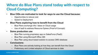 Where do Blue Plans stand today with respect to
Cloud Computing?
•   Blue CIOs are motivated to look for ways to use the Cloud because:
      –   Opportunities to reduce cost
      –   Speed to Deployment
•   Blue Plans exploring how to benefit from the Cloud
      –   Blue Plans exchange info / ideas on Cloud usage
      –   Use of IaaS to address Resource Spikes (Proof of Concept)
•   Some production use
      –   Blue Plan running proprietary app on SalesForce (PaaS)
      –   Blue Plan using Microsoft Office 365
      –   Blue Plan using cloud based solution to access CMS database
•   Conclusions:
      –   Blue Plans are actively looking at how they can benefit from the Cloud
      –   Preliminary and Limited adoption of Cloud services to date

CLOUD COMPUTING                                                                    11
 