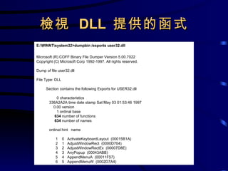 檢視  DLL  提供的函式 E:\WINNT\system32>dumpbin /exports user32.dll Microsoft (R) COFF Binary File Dumper Version 5.00.7022 Copyright (C) Microsoft Corp 1992-1997. All rights reserved. Dump of file user32.dll File Type: DLL Section contains the following Exports for USER32.dll 0 characteristics 336A2A2A time date stamp Sat May 03 01:53:46 1997 0.00 version 1 ordinal base 634  number of functions 634  number of names ordinal hint  name 1  0  ActivateKeyboardLayout  (00015B1A) 2  1  AdjustWindowRect  (0000D704) 3  2  AdjustWindowRectEx  (00007D8E) 4  3  AnyPopup  (00043ABB) 5  4  AppendMenuA  (00011F57) 6  5  AppendMenuW  (0002D7A4) 