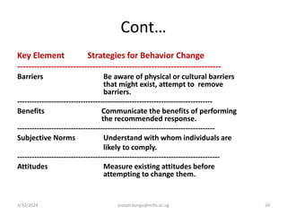 Cont…
Key Element Strategies for Behavior Change
-------------------------------------------------------------------------
Barriers Be aware of physical or cultural barriers
that might exist, attempt to remove
barriers.
--------------------------------------------------------------------------------
Benefits Communicate the benefits of performing
the recommended response.
---------------------------------------------------------------------------------
Subjective Norms Understand with whom individuals are
likely to comply.
-----------------------------------------------------------------------------------
Attitudes Measure existing attitudes before
attempting to change them..
3/10/2024 joseph.kungu@mihs.ac.ug 34
 
