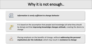 Why it is not enough..
Information is rarely sufficient to change behavior
It is based on the assumption that people lack knowledge (of what they should
be doing) and that improving knowledge changes attitude, creating the desire to
change
Placing emphasis on the benefits of change, without addressing the personal
implications for the individual, which may result in resistance to change
Speller V (2007). The prevention paradox. Principles and practice of health promotion: health promotion models and theories, Public Health Action Support Team (PHAST)
Britt E, et al. (2004). Motivational interviewing in health settings: a review. Patient Education and Counseling
 