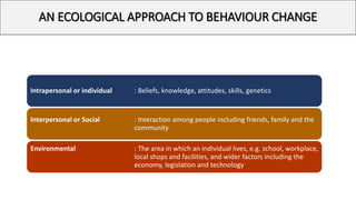 AN ECOLOGICAL APPROACH TO BEHAVIOUR CHANGE
A wide range of personal, social, and environmental factors influence behavior. Most
can be assigned to three levels:
Intrapersonal or individual : Beliefs, knowledge, attitudes, skills, genetics
Interpersonal or Social : Interaction among people including friends, family and the
community
Environmental : The area in which an individual lives, e.g. school, workplace,
local shops and facilities, and wider factors including the
economy, legislation and technology
1. Central Office of Information (COI) (2009). Communications and behaviour change. London: COI
 