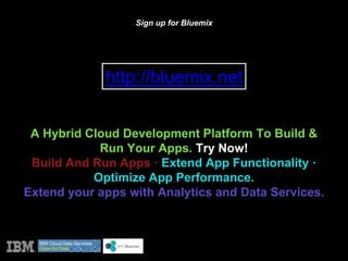 Sign up for Bluemix
http://bluemix.net
A Hybrid Cloud Development Platform To Build &
Run Your Apps. Try Now!
Build And Run Apps · Extend App Functionality ·
Optimize App Performance.
Extend your apps with Analytics and Data Services.
 