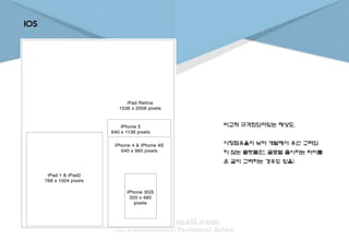 IOS
비교적 규격화되어있는 해상도.
시장점유율이 낮아 개발에서 우선 고려되
지 않는 플랫폼(단, 글로벌 출시하는 타이틀
은 같이 고려하는 경우도 있음)
 