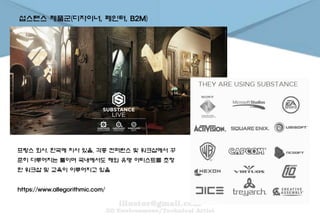 섭스탠스 제품군(디자이너, 페인터, B2M)
프랑스 회사. 한국에 지사 있음. 각종 컨퍼런스 및 워크샵에서 꾸
준히 다루어지는 툴이며 국내에서도 해외 유명 아티스트를 초청
한 워크샵 및 교육이 이루어지고 있음
https://www.allegorithmic.com/
 