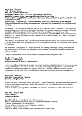 March 2012 – Current
NHS – ChertseySurrey
April 2015– Present HR Advisor
September 2014-April 2015 Workforce Project Resources Officer
May 2014 – Present Senior Involvement & Patient Experience Office
February 2013 – May 2014 Personal Assistant Associate Director of Midwifery & Associate Director
of Paediatric Nursing
February 2012 – February 2013 Personal Assistant Director of Emergency & Acute Medicine,
Director of Diagnostics and Therapies, Associate Director of Nursing Medicine, DeputyDirector of
Nursing
Responsible for all ER caseload within the Surgical and Estates & Facilities Directorate’s. Encompassing,
sickness management, grievances, disciplinary, capability, performance management, general HR queries
from both staff and managers. Monthly HR reporting to the trust board and maintenance of the
workforce/HR computer system ESR. Maintaining knowledge on generic and NHS employment legislation,
attending CIPD events and other ad hoc HR conferences arranged via our legal firm Capsticks and other
affiliated organsations.
Recruitment campaigns both in the UK and abroad predominately for Nurses due to national shortages.
Checking right to work, visas, immigration rights for candidates and ensuring the organisation meet Equality
Act legislation.
Job evaluations using Agenda for Change guidelines and banding accordingly. Writing job descriptions
and advertisements and liaising with appropriate Royal Colleges. Organising interview panels including
external members.
Carry out exit interviews, look at trends at report monthly to senior management team.
Jan 2011-February 2012
Visper Ltd – West Byfleet
Personal Assistant & Accounts Administrator
Home-working for a start up asset management company carrying out all aspects of their accounts and day
to day assistant tasks. The role also involved invoicing, accounts payable, payroll, VAT and income tax
returns and quarterly reconciliation and payment, petty cash, company expenses and balancing the
business bank accounts on a month to month basis. Left due to the company being sold to a large PLC.
March 2010 – Aug 2011
Waterfalls Estate Agents – Woking
Saturday Letting Negotiator
Worked Saturdays covering the lettings department. I carried out viewings, registered applicants, dealt with
landlords and property management issues. Handled offers and took deposit monies and completed
tenancy agreements.
Reason for leaving – Youngest child entered full time education which allowed me to work more hours.
April 2006 – August 2008
HBOS – Woking
Investment Adviser
Stock Market Investment on behalf of individual investors.
Advised customers on investments, pensions, protection and portfolio planning.
Prepared suitability letters, and illustrations.
Worked within strict Compliance and Regulatory guidelines.
Carried out regular client reviews.
Reason for leaving – After maternity leave decided to have a career break.
 