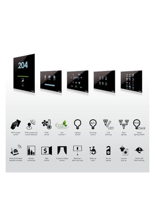 5
Make up
room
Do not
disturb
Laundry
pick up
Butler call/
Room service
Minibar
monitoring
Curtains / Drape
control
Safe
control
Bathroom
alarm pull cord
Wired & Wireless
bedside consoles
RFID access
control
HVAC
control
Lighting
control
DALI
lighting
Eco
Comfort ®
Dimming
control
RFID presence &
motion detection
LED
dimming
Mood
lighting (DMX)
 