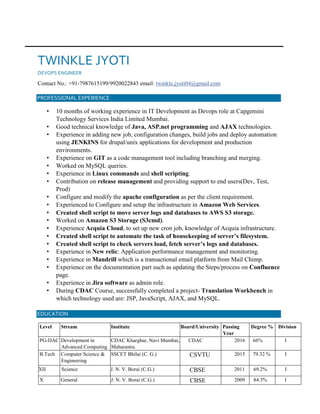 TWINKLE JYOTI
DEVOPS ENGINEER
Contact No.: +91-7987615199/9920022843 email: twinkle.jyoti04@gmail.com
PROFESSIONAL EXPERIENCE
• 10 months of working experience in IT Development as Devops role at Capgemini
Technology Services India Limited Mumbai.
• Good technical knowledge of Java, ASP.net programming and AJAX technologies.
• Experience in adding new job, configuration changes, build jobs and deploy automation
using JENKINS for drupal/unix applications for development and production
environments.
• Experience on GIT as a code management tool including branching and merging.
• Worked on MySQL queries.
• Experience in Linux commands and shell scripting.
• Contribution on release management and providing support to end users(Dev, Test,
Prod)
• Configure and modify the apache configuration as per the client requirement.
• Experienced to Configure and setup the infrastructure in Amazon Web Services.
• Created shell script to move server logs and databases to AWS S3 storage.
• Worked on Amazon S3 Storage (S3cmd).
• Experience Acquia Cloud, to set up new cron job, knowledge of Acquia infrastructure.
• Created shell script to automate the task of housekeeping of server’s filesystem.
• Created shell script to check servers load, fetch server’s logs and databases.
• Experience in New relic: Application performance management and monitoring.
• Experience in Mandrill which is a transactional email platform from Mail Chimp.
• Experience on the documentation part such as updating the Steps/process on Confluence
page.
• Experience in Jira software as admin role.
• During CDAC Course, successfully completed a project- Translation Workbench in
which technology used are: JSP, JavaScript, AJAX, and MySQL.
EDUCATION
Level Stream Institute Board/University Passing
Year
Degree % Division
PG-DAC Development in
Advanced Computing
CDAC Kharghar, Navi Mumbai,
Maharastra.
CDAC 2016 66% I
B.Tech Computer Science &
Engineering
SSCET Bhilai (C. G.) CSVTU 2015 79.32 % I
XII Science J. N. V. Borai (C.G.) CBSE 2011 69.2% I
X General J. N. V. Borai (C.G.) CBSE 2009 84.3% I
 