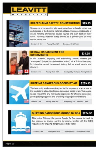 Page: 20							
SEXUAL HARASSMENT FOR
SUPERVISORS
Duration: 2 Hrs Passing Mark: 100% Developed By: Workplace Training Network
In this powerful, engaging and entertaining course, viewers join
“employees” (played by professional actors) at a fictional company
for interactive sexual harassment training led by actual experts and
attorneys
$34.95
SHIPPING DANGEROUS GOODS BY AIR
Duration: 4 Hrs Passing Mark: 80% Developed By: ICC Compliance Center
This is an entry level course designed for the beginner or anyone new to
the regulations related to shipping dangerous goods by air. This course
is also relevant to any individuals responsible for shipping dangerous
goods (packaging goods and preparing shipping documentation).
$289.95
SHIPPING DANGEROUS GOODS BY SEA
Duration: 2 Hrs Passing Mark: 80% Developed By: ICC Compliance Center
This online Shipping Dangerous Goods By Sea course is ideal for
the beginner or anyone wanting to become familiar with the IMDG
regulations for shipping dangerous goods by water.
$224.95
SCAFFOLDING SAFETY: CONSTRUCTION
Duration: 60 Min Passing Mark: N/A Developed By: JJ Keller
Working on a construction site requires workers to handle, move, use
and dispose of the building materials utilized. Improper, inadequate or
unsafe handling of materials causes injuries and even death in many
cases. Handling materials safely should be a primary goal of every
worker on the site.
$29.95
 