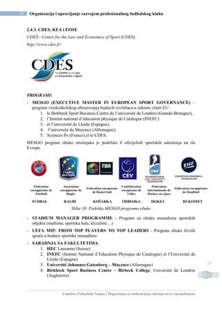 Fakultet Tehničkih Nauka | Departman za Industrijsko inženjerstvo i menadžment
27 Organizacija i upravljanje razvojem profesionalnog fudbalskog kluba
27
2.4.3. CDES, KEA i EOSE
CDES - Centre for the Law and Economics of Sport (CDES),
http://www.cdes.fr/
PROGRAMI:
- MESGO (EXECUTIVE MASTER IN EUROPEAN SPORT GOVERNANCE) –
program visokoškolskog obrazovanja budućih izvršilaca u sektoru vlasti EU
1. le Birkbeck Sport Business Centre de l’université de Londres (Grande-Bretagne),
2. l’Institut national d’éducation physique de Catalogne (INEFC)
3. et l’université de Lleida (Espagne),
4. l’université de Mayence (Allemagne),
5. Sciences Po (France) et le CDES.
MESGO program obuke stručnjaka je podržalo 6 oficijelnih sportskih udruženja na tlu
Evrope.
Fédération
europpéenne de
Football
Association
europpéenne de
Rugby
Fédération européenne
de Basket ball
Confédération
européenne de
Volley
Fédération
internationale de
Hockey sur glace
Fédération europpéenne
de Handball
FUDBAL RAGBI KOŠARKA ODBOJKA HOKEJ RUKOMET
Slika 10: Podrška MESGO programu obuke
- STADIUM MANAGER PROGRAMME - Program za obuku menadzera sportskih
objekta (stadiona, sportska hala, klizalište…)
- UEFA MIP: FROM TOP PLAYERS TO TOP LEADERS - Program obuke bivših
igrača u buduće sportske menadžere
- SARADNJA SA FAKULTETIMA
1. HEC Lausanne (Suisse)
2. INEFC (Institut National d’Education Physique de Catalogne) et l’Université de
Lleida (Espagne)
3. Université Johannes Gutenberg – Mayence (Allemagne)
4. Birkbeck Sport Business Centre – Birbeck College, Université de Londres
(Angleterre)
 