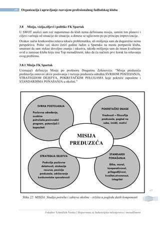Fakultet Tehničkih Nauka | Departman za Industrijsko inženjerstvo i menadžment
49 Organizacija i upravljanje razvojem profesionalnog fudbalskog kluba
49
3.8 Misija, vizija,ciljevi i politike FK Spartak
U SWOT analizi sam već napomenuo da klub nema definisanu misiju, samim tim planovi i
ciljevi variraju od situacije do situacije, a donese se uglavnom po po principu improvizacije.
Ovakav način kratkoročno rešava tekuću problematiku, ali mišljenja sam da dugoročno nema
perspektivu. Pošto već skoro četiri godine radim u Spartaku na mestu portparola kluba,
smatram da sam stekao dovoljno znanja i iskustva, takođe mišljenja sam da imam kvalitetan
uvid u zamisao kluba koju ima Top menadžment, tako da ću načiniti prvi korak ka rešavanju
ovog problema.
3.8.1 Misija FK Spartak
Uzimajući definiciju Misije po profesoru Dragutinu Zelenoviću: “Misija preduzeća
predstavlja osnovni okvir poslovanja i razvoja preduzeća određen SVRHOM POSTOJANJA,
STRATEGIJOM DEJSTVA, POKRETAČKIM POLUGAMA koje pokreću zaposlene i
STANDARDIMA PONAŠANJA u okolini.”
Slika 22: MISIJA: Studija potreba i zahteva okoline – tržišta u pogledu datih komponenti
STRATEGIJA DEJSTVA
Područja poslovne
delatnosti, alokacija
resursa, pozicija
preduzeća, održavanje
konkurentske sposobnosti
STANDARDI
PONAŠANJA
Etika, moral,
kooperativnost,
prilagodljivost,
kvalitet,otvorenost,
integritet
SVRHA POSTOJANJA
Poslovna određenja,
osobine
potrošača,proizvodni
program, potencijali I
kapaciteti
POKRETAČKE SNAGE
Vrednosti – filozofija
preduzeća, pogled na
sebe, imidž, motivi
MISIJA
PREDUZEĆA
 