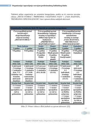 Fakultet Tehničkih Nauka | Departman za Industrijsko inženjerstvo i menadžment
60 Organizacija i upravljanje razvojem profesionalnog fudbalskog kluba
60
Tabelarni prikaz organizacije po uzrastnim kategorijama, podela na tri osnovna razvojna
ciklusa „DEČIJI FUDBAL“, PRIPREMNA I RAZVOJNA FAZA“ i „FAZA RAZVOJA,
TRENIRANJA I SPECIJALIZACIJE“, kao i opisom obima nedeljnih aktivnosti
Organizacija Omladinske škole FK Spartak po uzrasnim kategorijama
Četvorogodišnji period
Istraživanja i
eksperimentisanja
-osnovni trening-
„DEČIJI FUDBAL“
Četvorogodišnji period
Konsolidacije i upijanja
-trening za izgradnju i
oblikovanje igrača za
budućnost-
„PRIPREMNA i
RAZVOJNA FAZA“
Četvorogodišnji period
Stabilizacije i stvaranja
automatizma
-trening za nastup-
„FAZA RAZVOJA,
TRENIRANJA I
SPECIJALIZACIJE“
Škola fudbala Petlići Pioniri Kadeti Omladinci
2 godine 2 godine 2 godine 2 godine 2 godine 2 godine
7/8 godina 9/10 godina 11 godina
Predpetlići
12 godina
Petlići
13 godina
Mlađi pioniri
14 godina
Stariji
pioniri
15 godina
Mlađi kadeti
16 godina
Stariji kadeti
17/18 godina
Omladinci
Nedeljni
obim rada
Nedeljni
obim rada
Nedeljni
obim rada
Nedeljni
obim rada
Nedeljni
obim rada
Nedeljni
obim rada
4 aktivnosti
- 3 treninga
- 1 utakmica
(6:6, 7:7)
i dodatne van
trenažne
aktivnosti
(bazične)
4 aktivnosti
- 3 treninga
- 1 utakmica
(7:7, 8:8)
i dodatne
vantrenažne
aktivnosti
(bazične)
4-5 aktivnosti
3-4 treninga
- 1 utakmica
(9:9, 10:10)
5 aktivnosti
- 4 treninga
- 1 utakmica
(11:11)
7-9 aktivnosti
- 5 treninga
1-3
individual.
treninga
- 1 utakmica
(11:11)
8-9
aktivnosti
- 5 treninga
-2-3
individual.
treninga
- 1 utakmica
(11:11)
Stručni štab Stručni štab Stručni štab Stručni štab Stručni štab Stručni štab
- 1+1 trener
- 1 trener
specijalista za
rad sa
golmanima
- 2 trenera
- 1 trener
specijalista
za rad sa
golmanima
- 2 trenera
- 1 trener
specijalista
za rad sa
golmanima
- 2 trenera
- 1 trener
specijalista
za rad sa
golmanima
- 2 trenera
- 1 trener
specijalista
za fizičku
pripremu
- 1 тrеner
specijalista
za rad sa
golmanima
- 1 trener
- 1 trener
specijalista
za fizičku
pripremu
- 1 тrener
specijalista
za rad sa
golmanima
Slika 25: Primer ciklusa u Školi fudbala sa opisom aktivnosti [22]
 