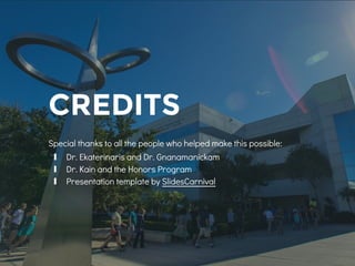 CREDITS
Special thanks to all the people who helped make this possible:
∎ Dr. Ekaterinaris and Dr. Gnanamanickam
∎ Dr. Kain and the Honors Program
∎ Presentation template by SlidesCarnival
 