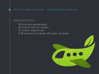 PROJECT APPLICATIONS - COMMERCIAL AVIATION
2015 STATISTICS
- 804 million passengers
- 65 million tons of freight
- 10 million departures
- 5.1% revenue increase, 4th year increase
 