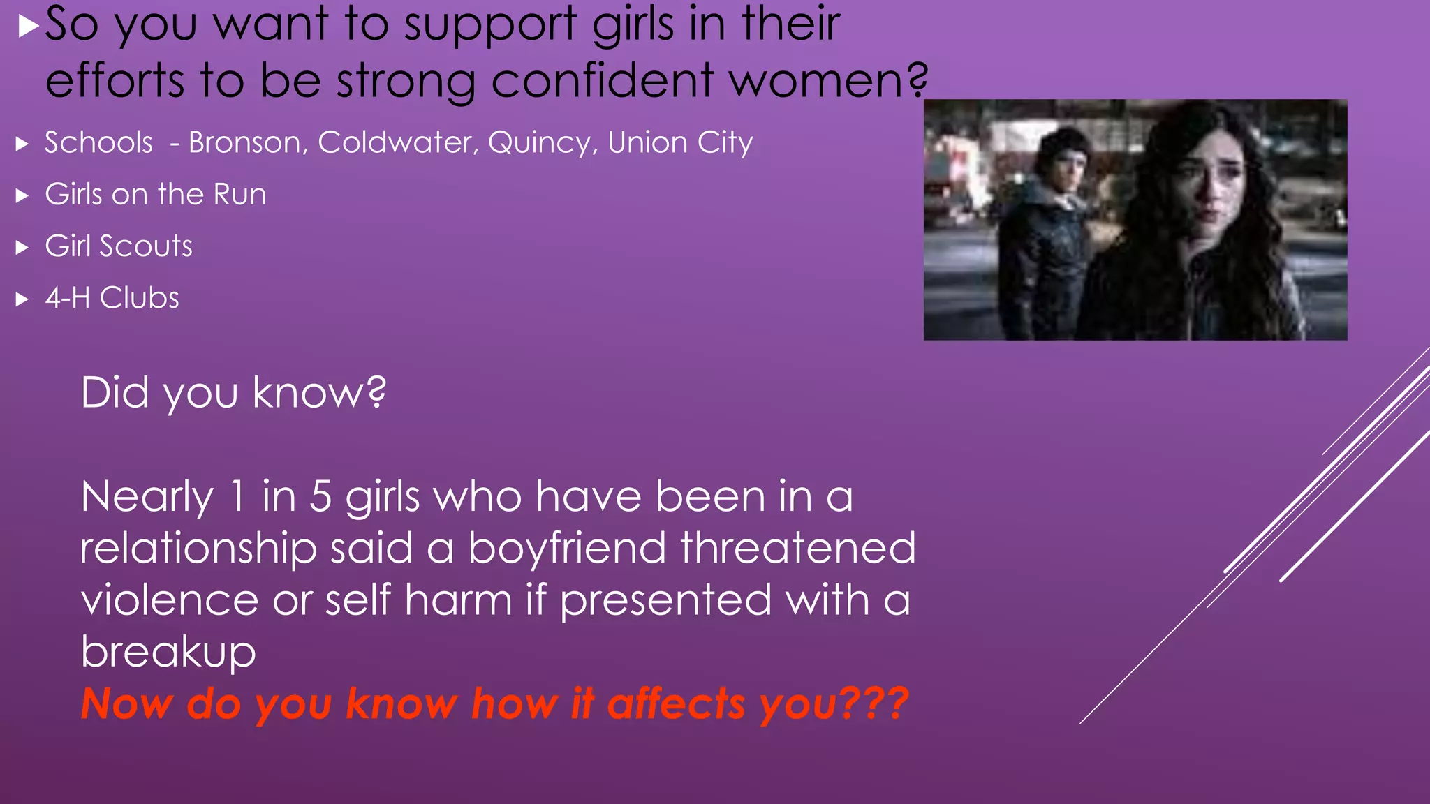 Did you know?
Nearly 1 in 5 girls who have been in a
relationship said a boyfriend threatened
violence or self harm if presented with a
breakup
Now do you know how it affects you???
So you want to support girls in their
efforts to be strong confident women?
 Schools - Bronson, Coldwater, Quincy, Union City
 Girls on the Run
 Girl Scouts
 4-H Clubs
 
