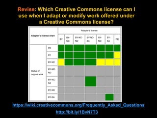 https://wiki.creativecommons.org/Frequently_Asked_Questions
http://bit.ly/1BvN7T3
Revise: Which Creative Commons license can I
use when I adapt or modify work offered under
a Creative Commons license?
 