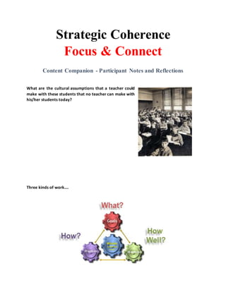 Strategic Coherence
Focus & Connect
Content Companion - Participant Notes and Reflections
What are the cultural assumptions that a teacher could
make with these students that no teacher can make with
his/her students today?
Three kinds of work….
 