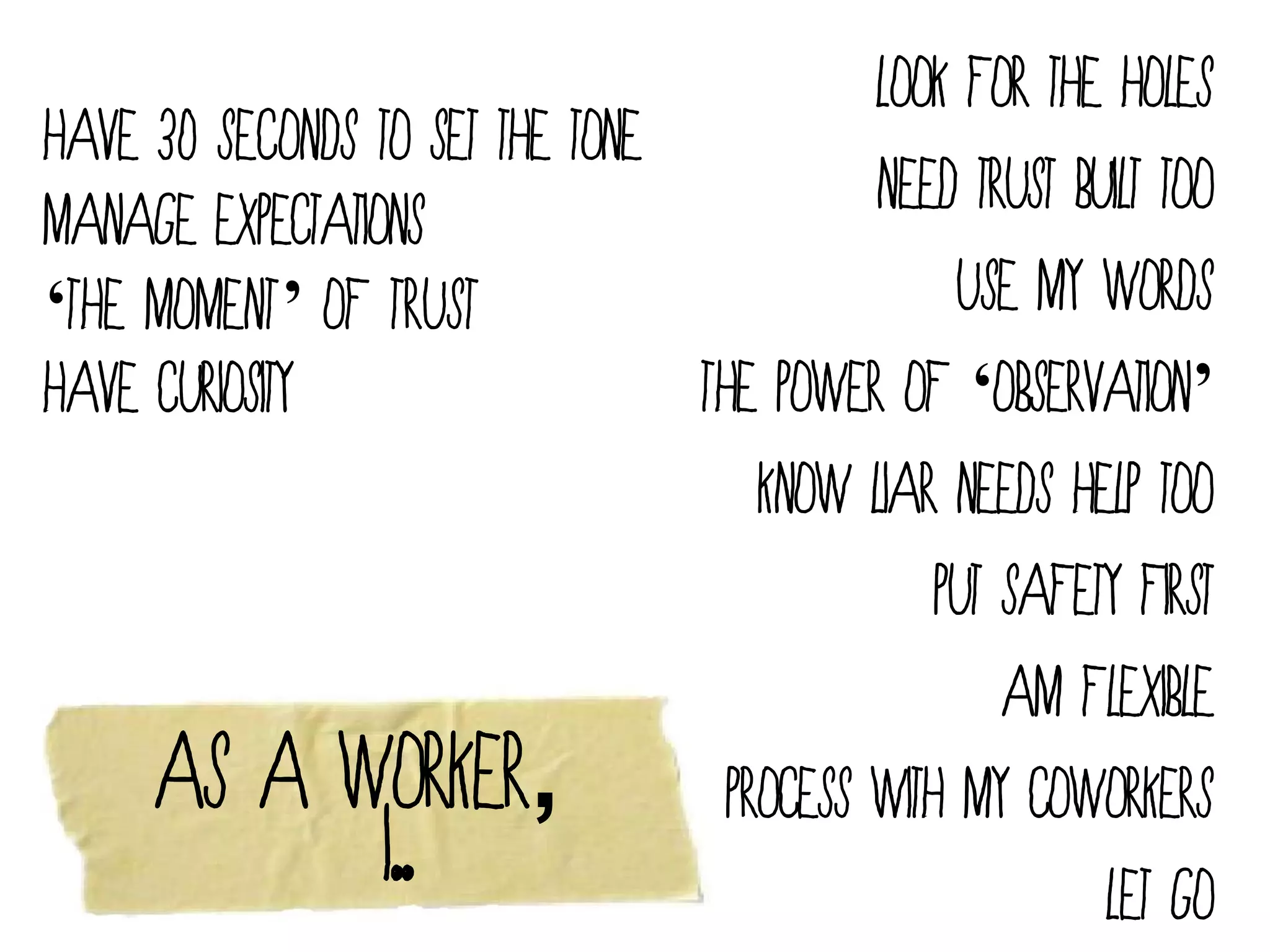 Look for the holes
Have 30 SECONDS to set the tone
                                          Need trust built too
Manage expectations
‘THE MOMENT’ OF TRUST                          Use my words
Have Curiosity                  The power of ‘Observation’
                                    Know liar needs help too
                                              Put safety first
                                                  Am Flexible
     As a worker,                 Process with my coworkers
                 I..                                   Let go
 