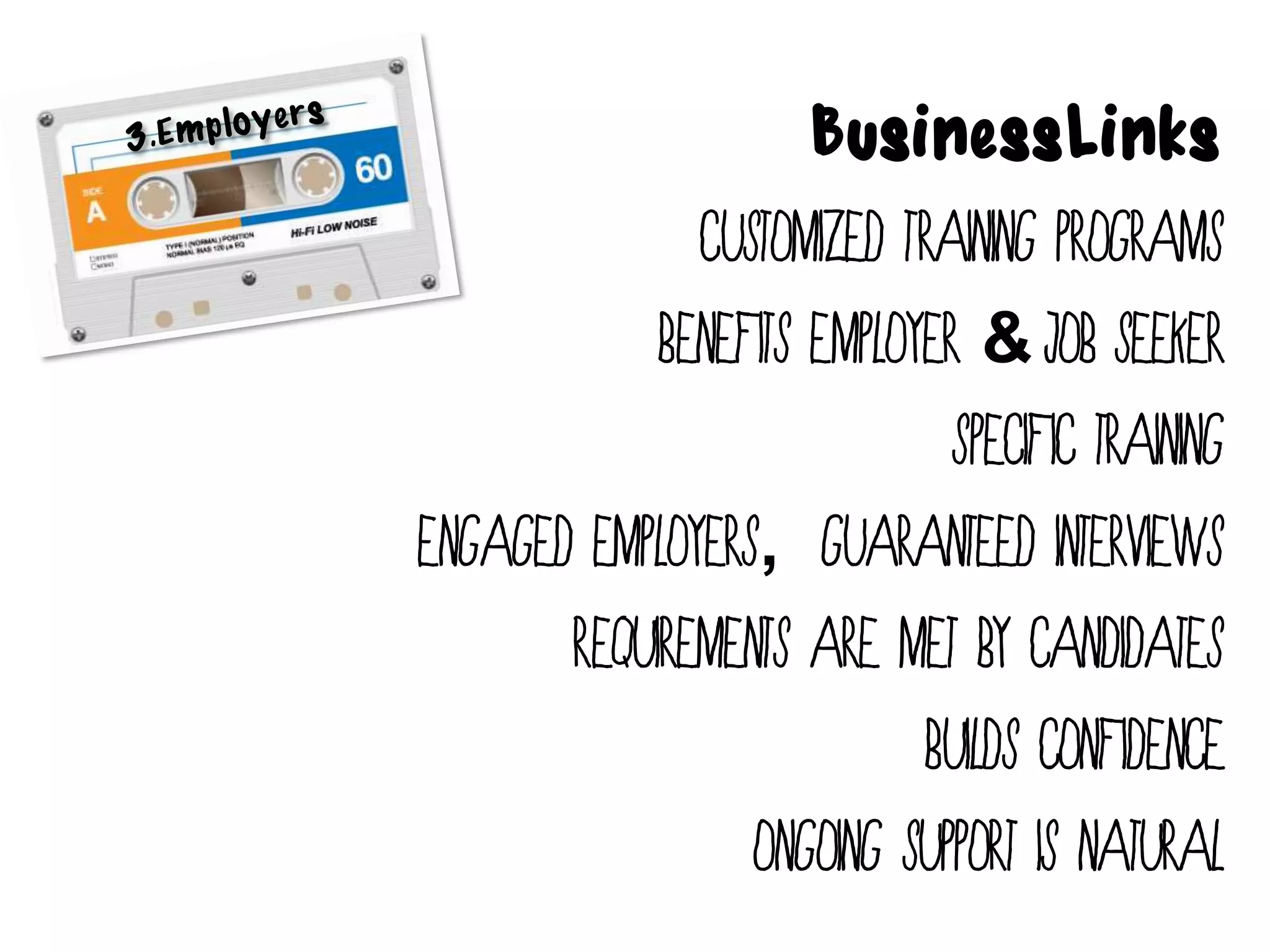 BusinessLinks
              Customized Training Programs
            Benefits Employer & job seeker
                             Specific training
Engaged employers, Guaranteed interviews
       Requirements are met by candidates
                           Builds confidence
                 Ongoing support is natural
 