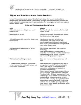 The Plight of Older Workers Handout for BCCDA Conference, March 9, 2013


Myths and Realities About Older Workers
Some of the social, economic, safety and medical myths about older workers are based on a
perception that older workers are frail, unreliable and incapable of working effectively and safely. It is
time to set aside these stereotypes and negative attitudes. The following chart presents and responds
to some of these myths
                              Myths and Realities About Older Workers

Myth                                                   Reality
Older workers are more likely to have work-            Not True. In fact, older workers suffer fewer job-
related injuries.                                      related injuries.

Older people are all alike.                            Differences within age groups are often greater
                                                       than those between age groups.

Older adults are unable or unwilling to learn new      Age does not determine curiosity or the
things or skills.                                      willingness to learn. Older workers may
                                                       sometimes take slightly longer to learn certain
                                                       tasks and may respond better to training methods
                                                       more suited to their needs.

Older adults avoid new approaches or new               Many people, regardless of age, enjoy new
technologies.                                          technology.
                                                       Older workers are likely to respond well to
                                                       innovation if it: • relates to what they already know
                                                       • allows for self-paced learning • provides
                                                       opportunities for practice and support.

Older workers have failing memories.                   Long-term memory continues to increase with
                                                       age.

It is not worthwhile investing in training older       Older workers tend to be loyal and less likely to
workers because they are likely to leave or are        change jobs frequently. This is particularly the
“just coasting to retirement.”                         case if older workers know their efforts are
                                                       appreciated and they are not faced with a
                                                       mandatory retirement age.
                                                       Mature workers are part of a growing and diverse
                                                       group, ranging in age from their 50s to their 70s.
                                                       The Government of Alberta forecasts that 78% of
                                                       workers aged 55-64 and 20% of those over 65 will
                                                       be participating in the labour market by 2019. 1
                                                       In a knowledge economy, the payback period on
                                                       investment in training is becoming shorter for all
                                                       workers. That means that spending on training
                                                       older workers is very likely to be recovered before
                                                       these workers retire.




       1
                     Fraser Valley Training Group info@idothat.ca 604-649-1181
 