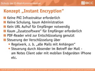 Schutz der E-Mail-Kommunikation
Konzept „Instant Encryption“
Keine PKI Infrastruktur erforderlich
Keine Schulung, kaum Administration
Kein URL Aufruf für Empfänger notwendig
Kaum „Zusatzsoftware“ für Empfänger erforderlich
PDF-Reader wird zur Entschlüsselung genutzt
Steuerung der Verschlüsselung über
• Regelwerk, z. b. „alle Mails mit Anhängen“
• Steuerung durch Absender im Betreff der Mail -
am Notes Client oder mit mobilen Endgeräten iPhone
etc.
 
