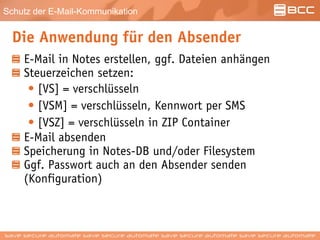 Schutz der E-Mail-Kommunikation
Die Anwendung für den Absender
E-Mail in Notes erstellen, ggf. Dateien anhängen
Steuerzeichen setzen:
• [VS] = verschlüsseln
• [VSM] = verschlüsseln, Kennwort per SMS
• [VSZ] = verschlüsseln in ZIP Container
E-Mail absenden
Speicherung in Notes-DB und/oder Filesystem
Ggf. Passwort auch an den Absender senden
(Konfiguration)
 