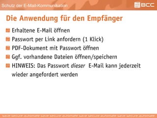 Schutz der E-Mail-Kommunikation
Die Anwendung für den Empfänger
Erhaltene E-Mail öffnen
Passwort per Link anfordern (1 Klick)
PDF-Dokument mit Passwort öffnen
Ggf. vorhandene Dateien öffnen/speichern
HINWEIS: Das Passwort dieser E-Mail kann jederzeit
wieder angefordert werden
 