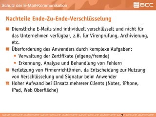 Schutz der E-Mail-Kommunikation
Nachteile Ende-Zu-Ende-Verschlüsselung
Dienstliche E-Mails sind individuell verschlüsselt und nicht für
das Unternehmen verfügbar, z.B. für Virenprüfung, Archivierung,
etc.
Überforderung des Anwenders durch komplexe Aufgaben:
• Verwaltung der Zertifikate (eigene/fremde)
• Erkennung, Analyse und Behandlung von Fehlern
Verletzung von Firmenrichtlinien, da Entscheidung zur Nutzung
von Verschlüsselung und Signatur beim Anwender
Hoher Aufwand bei Einsatz mehrerer Clients (Notes, iPhone,
iPad, Web Oberfläche)
 