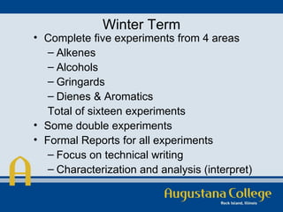 Winter Term Complete five experiments from 4 areas Alkenes Alcohols Gringards Dienes & Aromatics Total of sixteen experiments Some double experiments  Formal Reports for all experiments Focus on technical writing Characterization and analysis (interpret) 