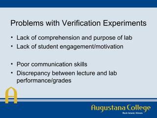Problems with Verification Experiments Lack of comprehension and purpose of lab Lack of student engagement/motivation  Poor communication skills Discrepancy between lecture and lab performance/grades 