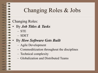 Changing Roles & Jobs Changing Roles: By  Job Titles & Tasks STE SDET By  How Software Gets Built Agile Development Commoditization throughout the disciplines  Technical complexity Globalization and Distributed Teams 