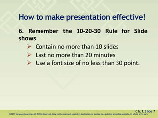 How to make presentation effective!
Ch.1,Slide 7
©2011 Cengage Learning. All Rights Reserved. May not be scanned, copied or duplicated, or posted to a publicly accessible website, in whole or in part.
6. Remember the 10-20-30 Rule for Slide
shows
 Contain no more than 10 slides
 Last no more than 20 minutes
 Use a font size of no less than 30 point.
 