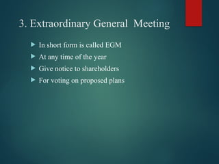3. Extraordinary General Meeting
 In short form is called EGM
 At any time of the year
 Give notice to shareholders
 For voting on proposed plans
 