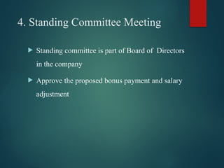 4. Standing Committee Meeting
 Standing committee is part of Board of Directors
in the company
 Approve the proposed bonus payment and salary
adjustment
 