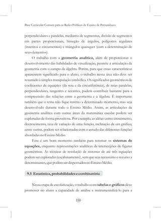 Base Curricular Comum para as Redes Públicas de Ensino de Pernambuco


perpendiculares e paralelas, mediatriz de segmentos, divisão de segmentos
em partes proporcionais, bisseção de ângulos, polígonos regulares
(inscritos e circunscritos) e triângulos quaisquer (com a determinação de
seus elementos).
     O trabalho com a geometria analítica, além de proporcionar o
desenvolvimento das habilidades de visualização, permite a articulação da
geometria com o campo da álgebra. Porém, para que essas características
apresentem significado para o aluno, o trabalho nessa área não deve ser
resumido à simples manipulação simbólica. Os significados geométricos de
coeficientes de equações (da reta e da circunferência), de retas paralelas,
perpendiculares, tangentes e secantes, podem contribuir bastante para a
compreensão das relações entre a geometria e a álgebra. É importante
também que o tema não fique restrito a determinado momento, mas seja
desenvolvido durante todo o Ensino Médio. Assim, as articulações da
geometria analítica com outras áreas da matemática escolar podem ser
exploradas de forma proveitosa. Por exemplo, as idéias como crescimento,
decrescimento, taxa de variação de uma função, inclinação de um gráfico,
entre outras, podem ser relacionadas com o estudo das diferentes funções
abordadas no Ensino Médio.
     Esse é um bom momento também para retomar os sistemas de
equações, enquanto representações analíticas de intersecções de figuras
geométricas. As técnicas de resolução de sistemas de até três equações
podem ser exploradas (escalonamento), sem que seja necessário o recurso a
determinantes, que podem ser dispensados no Ensino Médio.

 9.5 Estatística, probabilidades e combinatória

    Nessa etapa de escolarização, o trabalho com tabelas e gráficos deve
promover no aluno a capacidade de análise e instrumentalizá-lo para a

                                      110
 