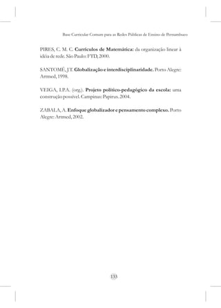 Base Curricular Comum para as Redes Públicas de Ensino de Pernambuco


PIRES, C. M. C. Currículos de Matemática: da organização linear à
idéia de rede. São Paulo: FTD, 2000.

SANTOMÉ, J.T. Globalização e interdisciplinaridade. Porto Alegre:
Artmed, 1998.

VEIGA, I.P.A. (org.). Projeto político-pedagógico da escola: uma
construção possível. Campinas: Papirus. 2004.

ZABALA, A. Enfoque globalizador e pensamento complexo. Porto
Alegre: Artmed, 2002.




                                    133
 