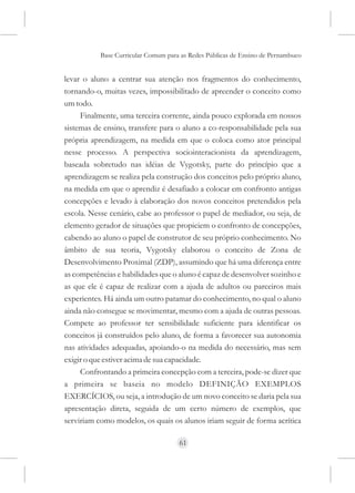 Base Curricular Comum para as Redes Públicas de Ensino de Pernambuco


levar o aluno a centrar sua atenção nos fragmentos do conhecimento,
tornando-o, muitas vezes, impossibilitado de apreender o conceito como
um todo.
     Finalmente, uma terceira corrente, ainda pouco explorada em nossos
sistemas de ensino, transfere para o aluno a co-responsabilidade pela sua
própria aprendizagem, na medida em que o coloca como ator principal
nesse processo. A perspectiva sociointeracionista da aprendizagem,
baseada sobretudo nas idéias de Vygotsky, parte do princípio que a
aprendizagem se realiza pela construção dos conceitos pelo próprio aluno,
na medida em que o aprendiz é desafiado a colocar em confronto antigas
concepções e levado à elaboração dos novos conceitos pretendidos pela
escola. Nesse cenário, cabe ao professor o papel de mediador, ou seja, de
elemento gerador de situações que propiciem o confronto de concepções,
cabendo ao aluno o papel de construtor de seu próprio conhecimento. No
âmbito de sua teoria, Vygotsky elaborou o conceito de Zona de
Desenvolvimento Proximal (ZDP), assumindo que há uma diferença entre
as competências e habilidades que o aluno é capaz de desenvolver sozinho e
as que ele é capaz de realizar com a ajuda de adultos ou parceiros mais
experientes. Há ainda um outro patamar do conhecimento, no qual o aluno
ainda não consegue se movimentar, mesmo com a ajuda de outras pessoas.
Compete ao professor ter sensibilidade suficiente para identificar os
conceitos já construídos pelo aluno, de forma a favorecer sua autonomia
nas atividades adequadas, apoiando-o na medida do necessário, mas sem
exigir o que estiver acima de sua capacidade.
     Confrontando a primeira concepção com a terceira, pode-se dizer que
a primeira se baseia no modelo DEFINIÇÃO EXEMPLOS
EXERCÍCIOS, ou seja, a introdução de um novo conceito se daria pela sua
apresentação direta, seguida de um certo número de exemplos, que
serviriam como modelos, os quais os alunos iriam seguir de forma acrítica

                                     61
 