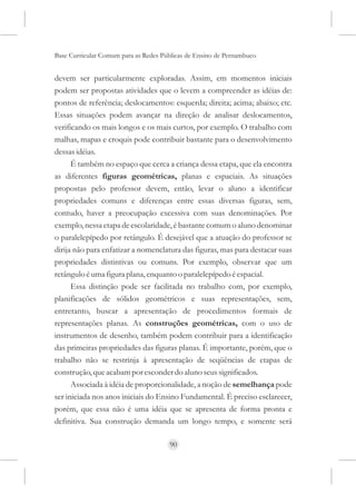 Base Curricular Comum para as Redes Públicas de Ensino de Pernambuco


devem ser particularmente exploradas. Assim, em momentos iniciais
podem ser propostas atividades que o levem a compreender as idéias de:
pontos de referência; deslocamentos: esquerda; direita; acima; abaixo; etc.
Essas situações podem avançar na direção de analisar deslocamentos,
verificando os mais longos e os mais curtos, por exemplo. O trabalho com
malhas, mapas e croquis pode contribuir bastante para o desenvolvimento
dessas idéias.
      É também no espaço que cerca a criança dessa etapa, que ela encontra
as diferentes figuras geométricas, planas e espaciais. As situações
propostas pelo professor devem, então, levar o aluno a identificar
propriedades comuns e diferenças entre essas diversas figuras, sem,
contudo, haver a preocupação excessiva com suas denominações. Por
exemplo, nessa etapa de escolaridade, é bastante comum o aluno denominar
o paralelepípedo por retângulo. É desejável que a atuação do professor se
dirija não para enfatizar a nomenclatura das figuras, mas para destacar suas
propriedades distintivas ou comuns. Por exemplo, observar que um
retângulo é uma figura plana, enquanto o paralelepípedo é espacial.
      Essa distinção pode ser facilitada no trabalho com, por exemplo,
planificações de sólidos geométricos e suas representações, sem,
entretanto, buscar a apresentação de procedimentos formais de
representações planas. As construções geométricas, com o uso de
instrumentos de desenho, também podem contribuir para a identificação
das primeiras propriedades das figuras planas. É importante, porém, que o
trabalho não se restrinja à apresentação de seqüências de etapas de
construção, que acabam por esconder do aluno seus significados.
      Associada à idéia de proporcionalidade, a noção de semelhança pode
ser iniciada nos anos iniciais do Ensino Fundamental. É preciso esclarecer,
porém, que essa não é uma idéia que se apresenta de forma pronta e
definitiva. Sua construção demanda um longo tempo, e somente será

                                      90
 