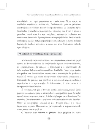 Base Curricular Comum para as Redes Públicas de Ensino de Pernambuco


consolidada em etapas posteriores da escolaridade. Nessa etapa, as
atividades envolvendo malhas são fundamentais para as primeiras
construções do conceito. Podem-se explorar malhas de diferentes tipos
(quadradas, retangulares, triangulares), e situações que levem o aluno a
perceber transformações que ampliem, deformem, reduzam ou
mantenham inalteradas figuras planas e suas propriedades. Atividades de
ampliação e redução de figuras planas por homotetias, no contexto de papel
branco, são também accessíveis a alunos dos anos finais desse ciclo da
aprendizagem.

 7.6 Estatística, probabilidades e combinatória

     A Matemática apresenta-se como um campo do saber com um papel
central no desenvolvimento de competências ligadas ao questionamento,
ao estabelecimento de relações e conjecturas e à interpretação de
informações e dados da realidade cotidiana do cidadão. Essas competências
não podem ser desenvolvidas apenas com a construção de gráficos e
tabelas. É preciso que sejam desenvolvidas competências associadas: à
formulação de questões que envolvam a obtenção de dados; à coleta, à
organização e à apresentação de informações; à observação e à
interpretação de fenômenos.
     É recomendável que se leve em conta a curiosidade, muitas vezes
presente na criança, para se desenvolver a competência para formular
questões que envolvam a procura de informações por parte dos alunos. Por
exemplo, “Na minha turma, a que horas cada um acorda nos dias de aula?“
Obter as informações, organizá-las por diversos meios é o passo
importante seguinte. Destacam-se, na organização e napresentação de
dados, as tabelas e os gráficos.
     O trabalho com tabelas e gráficos deve propiciar ao aluno

                                     91
 
