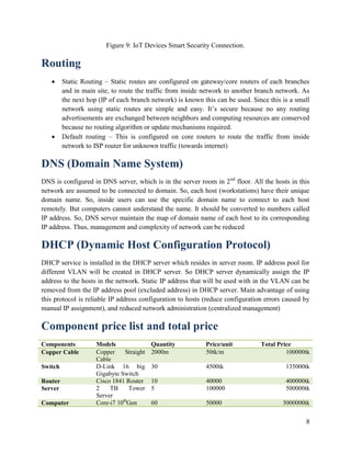8
Figure 9: IoT Devices Smart Security Connection.
Routing
 Static Routing – Static routes are configured on gateway/core routers of each branches
and in main site, to route the traffic from inside network to another branch network. As
the next hop (IP of each branch network) is known this can be used. Since this is a small
network using static routes are simple and easy. It’s secure because no any routing
advertisements are exchanged between neighbors and computing resources are conserved
because no routing algorithm or update mechanisms required.
 Default routing – This is configured on core routers to route the traffic from inside
network to ISP router for unknown traffic (towards internet)
DNS (Domain Name System)
DNS is configured in DNS server, which is in the server room in 2nd
floor. All the hosts in this
network are assumed to be connected to domain. So, each host (workstations) have their unique
domain name. So, inside users can use the specific domain name to connect to each host
remotely. But computers cannot understand the name. It should be converted to numbers called
IP address. So, DNS server maintain the map of domain name of each host to its corresponding
IP address. Thus, management and complexity of network can be reduced
DHCP (Dynamic Host Configuration Protocol)
DHCP service is installed in the DHCP server which resides in server room. IP address pool for
different VLAN will be created in DHCP server. So DHCP server dynamically assign the IP
address to the hosts in the network. Static IP address that will be used with in the VLAN can be
removed from the IP address pool (excluded address) in DHCP server. Main advantage of using
this protocol is reliable IP address configuration to hosts (reduce configuration errors caused by
manual IP assignment), and reduced network administration (centralized management)
Component price list and total price
Components Models Quantity Price/unit Total Price
Copper Cable Copper Straight
Cable
2000m 50tk/m 100000tk
Switch D-Link 16 big
Gigabyte Switch
30 4500tk 135000tk
Router Cisco 1841 Router 10 40000 400000tk
Server 2 TB Tower
Server
5 100000 500000tk
Computer Core-i7 10th
Gen 60 50000 3000000tk
 