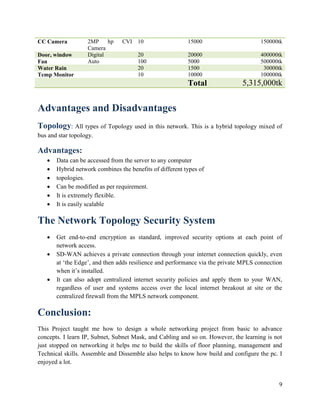 9
CC Camera 2MP hp CVI
Camera
10 15000 150000tk
Door, window Digital 20 20000 400000tk
Fan Auto 100 5000 500000tk
Water Rain 20 1500 30000tk
Temp Monitor 10 10000 100000tk
Total 5,315,000tk
Advantages and Disadvantages
Topology: All types of Topology used in this network. This is a hybrid topology mixed of
bus and star topology.
Advantages:
 Data can be accessed from the server to any computer
 Hybrid network combines the benefits of different types of
 topologies.
 Can be modified as per requirement.
 It is extremely flexible.
 It is easily scalable
The Network Topology Security System
 Get end-to-end encryption as standard, improved security options at each point of
network access.
 SD-WAN achieves a private connection through your internet connection quickly, even
at ‘the Edge’, and then adds resilience and performance via the private MPLS connection
when it’s installed.
 It can also adopt centralized internet security policies and apply them to your WAN,
regardless of user and systems access over the local internet breakout at site or the
centralized firewall from the MPLS network component.
Conclusion:
This Project taught me how to design a whole networking project from basic to advance
concepts. I learn IP, Subnet, Subnet Mask, and Cabling and so on. However, the learning is not
just stopped on networking it helps me to build the skills of floor planning, management and
Technical skills. Assemble and Dissemble also helps to know how build and configure the pc. I
enjoyed a lot.
 