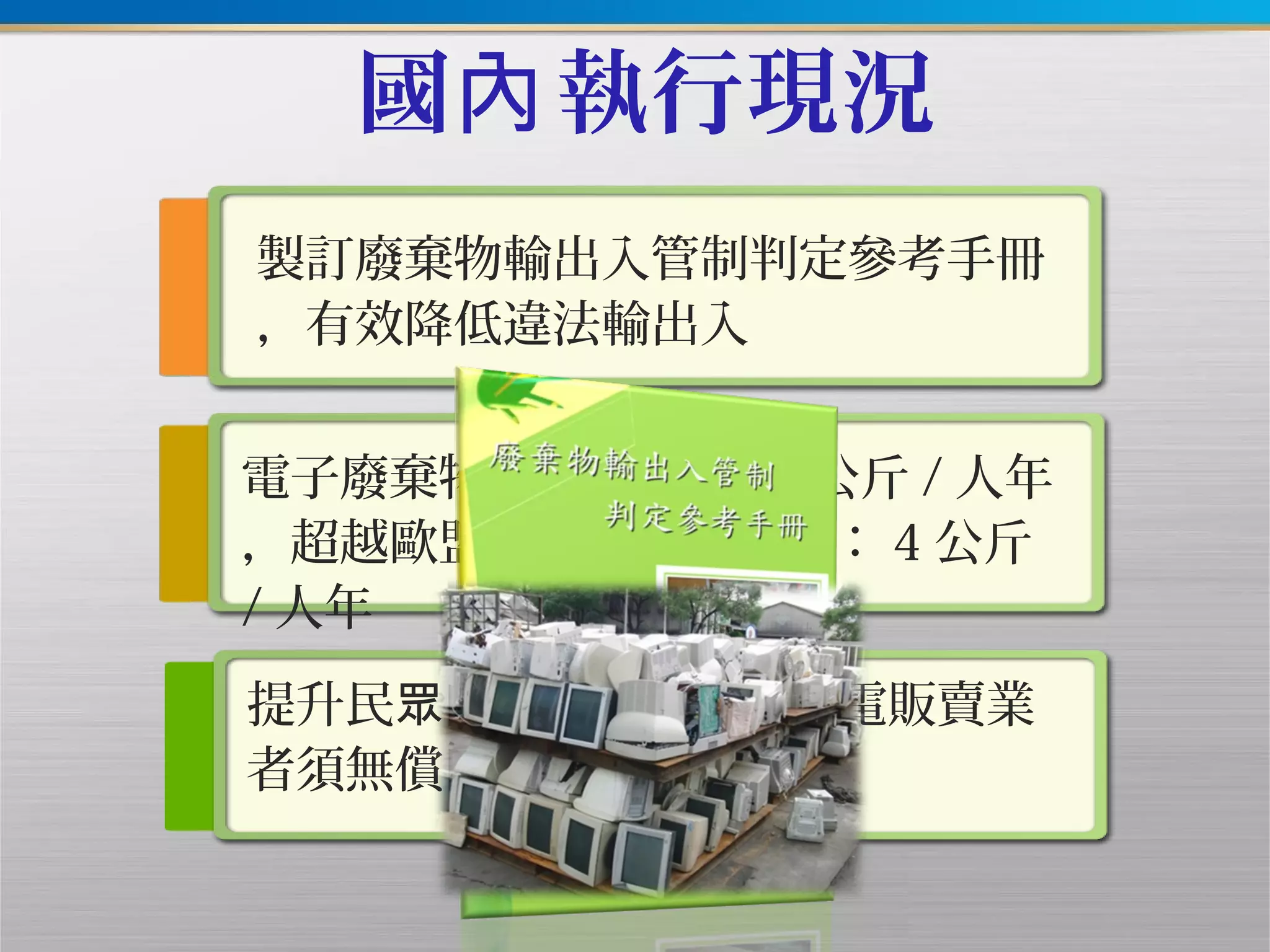 國 執行現況內
製訂廢棄物輸出入管制判定參考手冊
，有效降低違法輸出入
電子廢棄物回收量： 4.94 公斤 / 人年
，超越歐盟 2012 年目標 ：值 4 公斤
/ 人年
提升民 回收的便利性，家電販賣業眾
者須無償回收
 