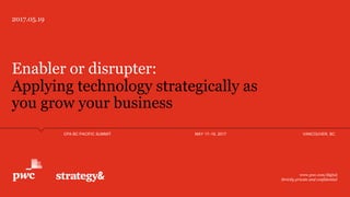 Applying technology strategically as
you grow your business
Enabler or disrupter:
2017.05.19
www.pwc.com/digital
Strictly private and confidential
CPA BC PACIFIC SUMMIT MAY 17–19, 2017 VANCOUVER, BC
 