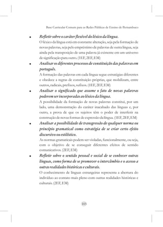 Base Curricular Comum para as Redes Públicas de Ensino de Pernambuco

!   Refletir sobre o caráter flexível do léxico da língua.
    O léxico da língua está em constante alteração, seja pela formação de
    novas palavras, seja pelo empréstimo de palavras de outra língua, seja
    ainda pela transposição de uma palavra já existente em um universo
    de significação para outro. (1EF, 2EF, EM)
!   Analisar os diferentes processos de constituição das palavras em
    português.
    A formação das palavras em cada língua segue estratégias diferentes
    e obedece a regras de constituição próprias, que mobilizam, entre
    outros, radicais, prefixos, sufixos. (1EF, 2EF, EM)
!   Analisar o significado que assume o fato de novas palavras
    poderem ser incorporadas ao léxico da língua.
    A possibilidade da formação de novas palavras constitui, por um
    lado, uma demonstração do caráter inacabado das línguas e, por
    outro, a prova de que os sujeitos têm o poder de interferir na
    construção de novas formas de expressão da língua. (1EF, 2EF, EM)
!   Analisar a possibilidade de transgressão de qualquer norma ou
    princípio gramatical como estratégia de se criar certo efeito
    discursivo ou estilístico.
    As normas gramaticais podem ser violadas, funcionalmente, ou seja,
    com o objetivo de se conseguir diferentes efeitos de sentido
    comunicativos. (2EF, EM)
!   Refletir sobre o sentido pessoal e social de se conhecer outras
    línguas, como forma de se promover o intercâmbio e o acesso a
    outras realidades históricas e culturais.
    O conhecimento de línguas estrangeiras representa a abertura do
    indivíduo ao contato mais pleno com outras realidades históricas e
    culturais. (2EF, EM)




                                  103
 
